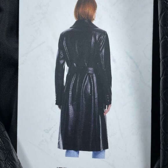 Vince Camuto Black Faux Leather Croc Trench Coat Double-Breasted Medium d0464 - Picture 8 of 10